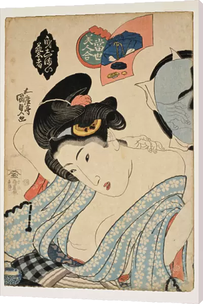 Art japonais: preparatifs de sortie; concours de beaute feminine (Coming Out Preparation -Competition of beautiful women) - Estampe de Utagawa Kunisada (Toyokuni III) (1786-1865), linogravure (37, 8x25, 7 cm), vers 1830