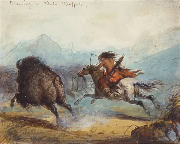 Indian Female Running a Buffalo, c. 1858-60 (w  /  c on paper)