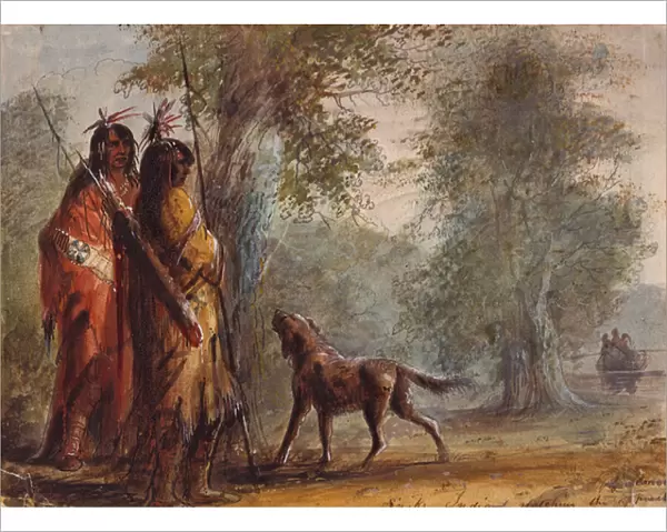 Snake Indians Watching the Approach of a Canoe, c. 1837 (pencil, w  /  c and gouache on paper)
