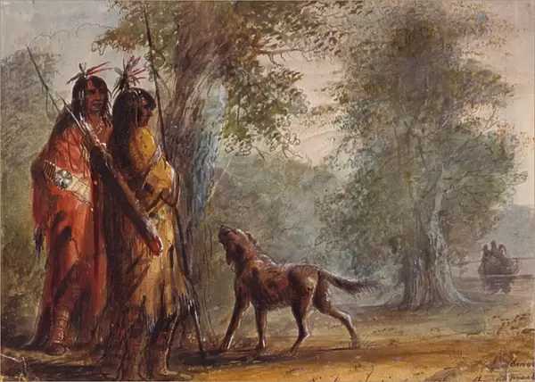 Snake Indians Watching the Approach of a Canoe, c. 1837 (pencil, w  /  c and gouache on paper)