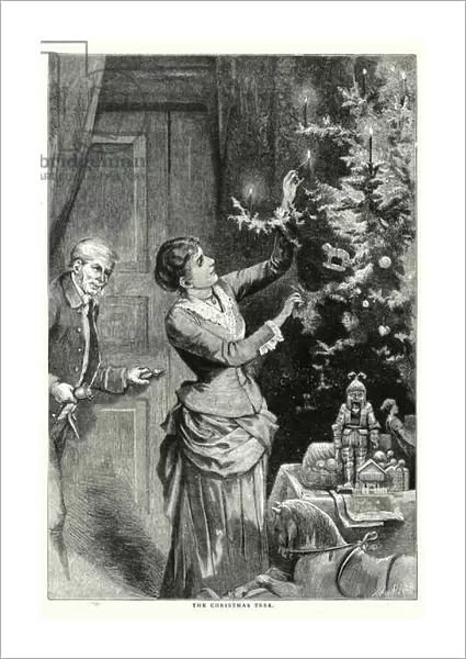 Woman decorating a Christmas tree (engraving)