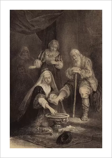 Empress Maria Theresa of Austria washing the feet of the poor on Maundy Thursday (litho)