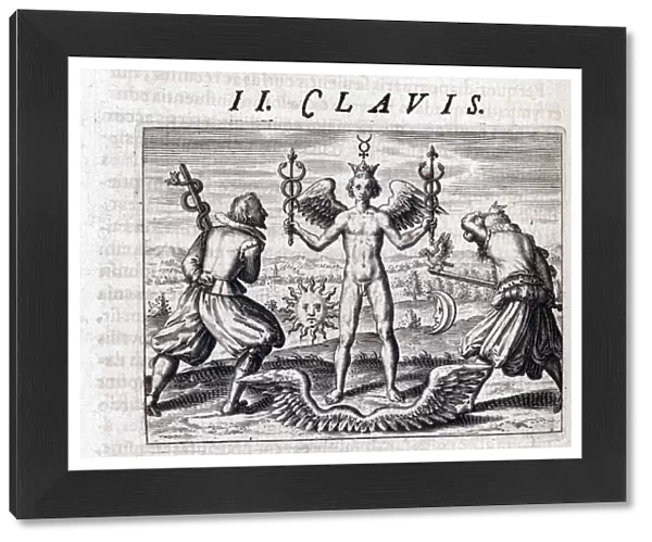 Composition symbolique de l alchimie, un jeune homme nu, aile et couronne, brandit deux caducees, entoure de la Lune et du soleil, face a des hommes armes d epees portant un aigle et un serpent - Gravure de Theodore de Bry (1528-1598)
