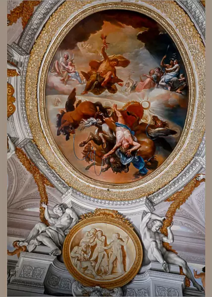 Jupiter 'strikes Phaeton unable to drive the chariot of the sun', 18th century, fresco