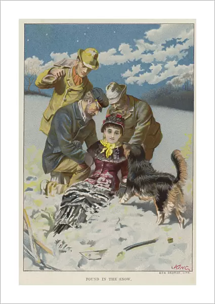 Dog helping to find a woman lost in the snow (chromolitho)