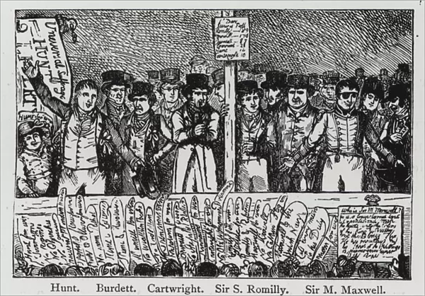 The Freedom of Election; or, Hunt-ing for Popularity, and Plumpers for Maxwell, satire depicting candidates at the Covent Garden hustings during the Westminster election of 1818 (engraving)
