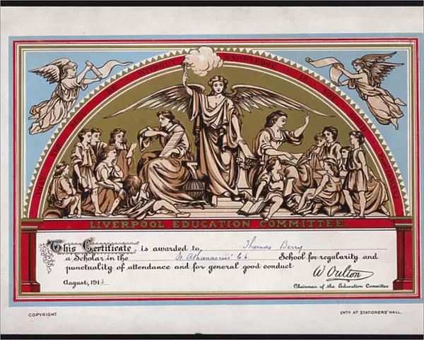 Certificate of regularity and punctuality of attendance and general good conduct awarded by the Liverpool Education Committee to a pupil of St Athanasius Church of England School, 1913 (colour litho)