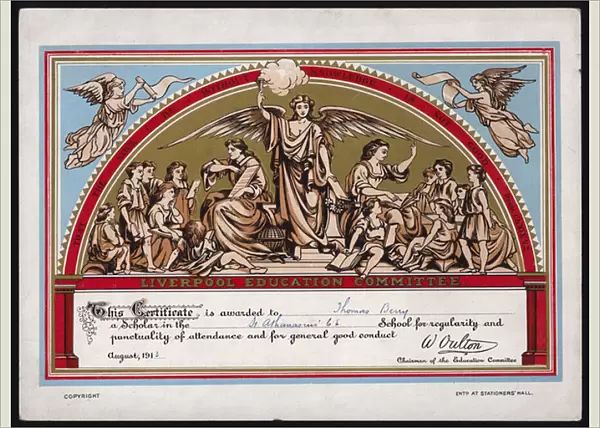 Certificate of regularity and punctuality of attendance and general good conduct awarded by the Liverpool Education Committee to a pupil of St Athanasius Church of England School, 1913 (colour litho)