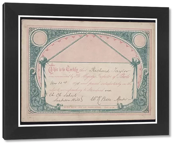 Examination certificate awarded to a pupil of Christ Church Boys School, Surbiton Hill, Surrey, 1875 (colour litho)