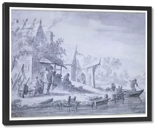 Fishing village, 1653 (crayon & wash)