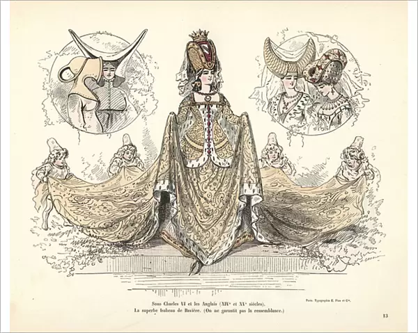 Costume of Isabeau of Bavaria, Queen of France, headdresses, 15t, 1850 (engraving)