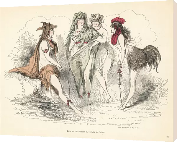 Woman wearing costumes of animal skins, heads and feathers. 1850 (engraving)