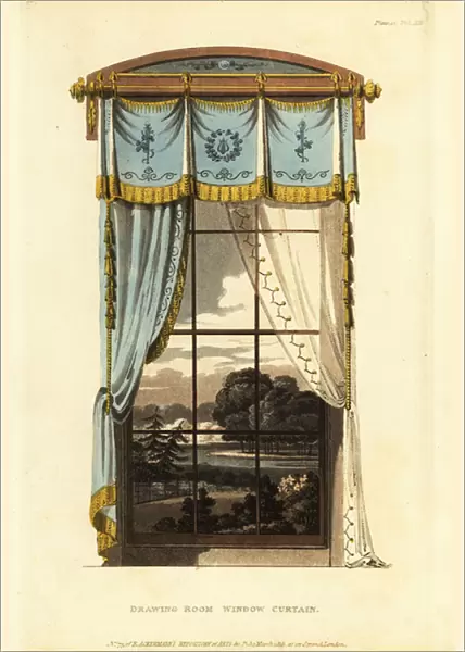Drawing room window curtain in shot silk, 1815