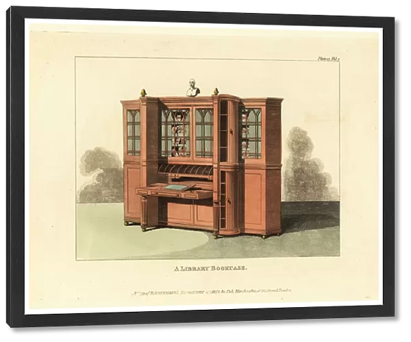 Regency-era library bookcase with tambour circular cupboards and fold-out writing desk