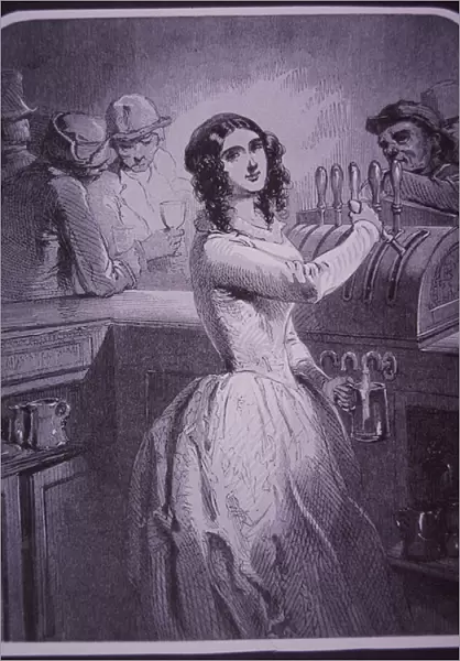Barmaid serving beer (engraving)