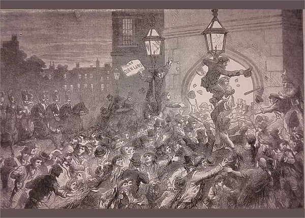 Bread riot at the entrance to the House of Commons, 1815 (engraving)