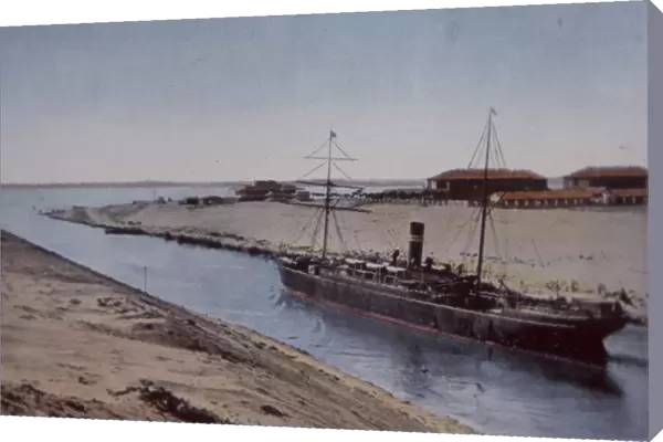 Ship passing through Suez Canal, late 19th century (colour litho)