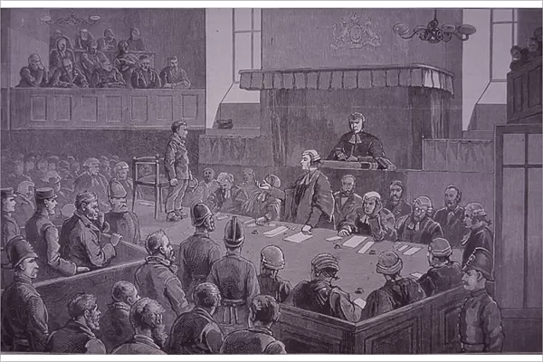 Victorian court scene with lawyer cross-examining a child (wood engraving)