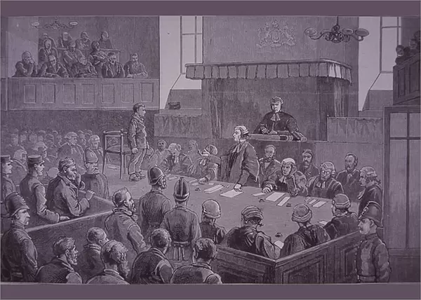 Victorian court scene with lawyer cross-examining a child (wood engraving)