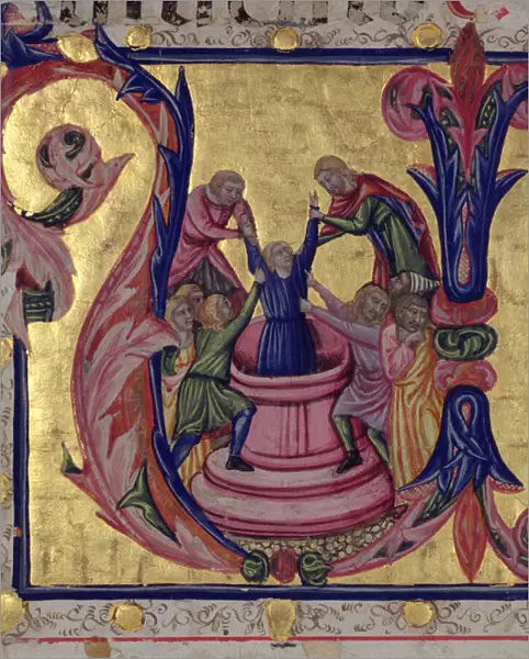 Historiated initial U depicting Joseph being pulled from the well by his brothers, Tuscan School (vellum)