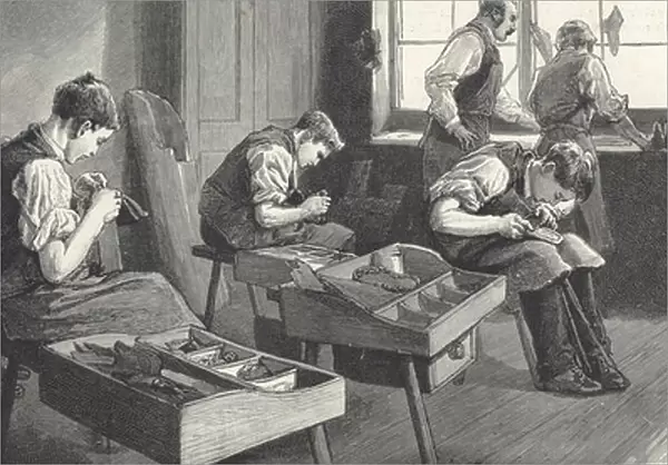 Poor boys making shoes at work school (wood engraving)