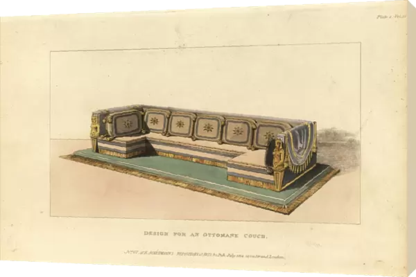 Ottoman sofa on a raised pedestal with gold fringed upholstery and cushions
