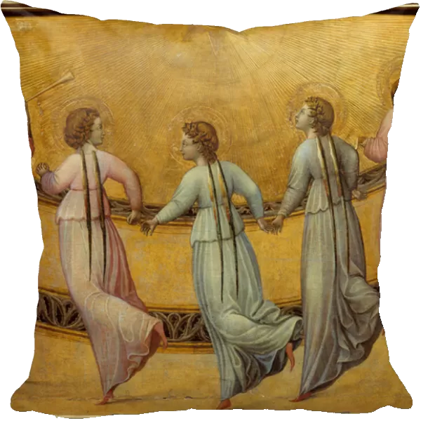 Angels dancing in front of the sun. Round of angels on gold background holding hands. Anonymous painting of the Italian School, 15th century. Chantilly, Musee Conde - Angels dancing in front of the sun