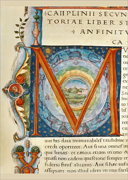 Historiated initial M depicting the heavens and the signs of the Zodiac, from the Naturalis Historia by Pliny the Elder (vellum)