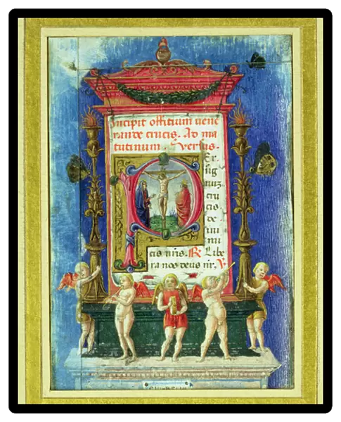 Historiated initial P depicitng the Crucifixion, page from a Book of Hours (vellum)