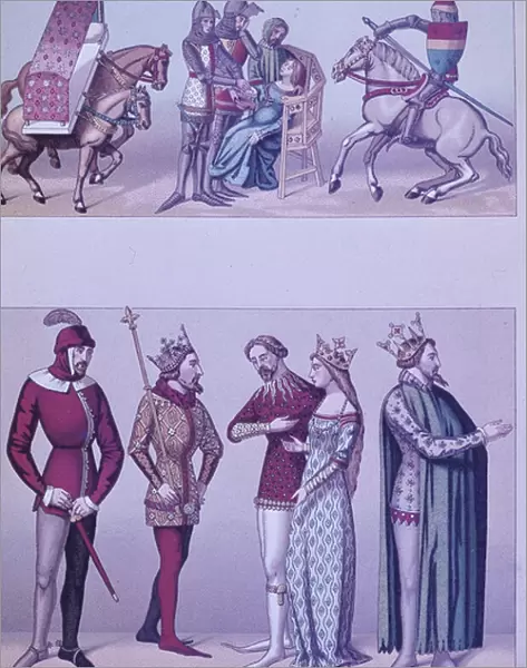 Medieval fashion of the 14th century (colour litho)
