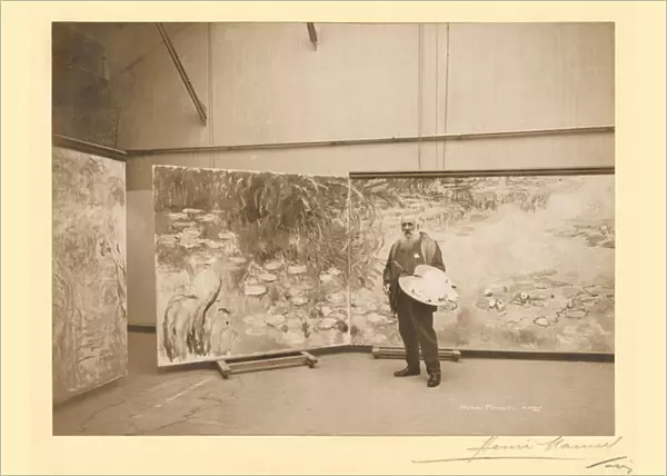 Claude Monet (1840-1926) in front of his paintings The Waterlilies, in his studio at Giverny, 1920 (gelatin silver print) (b  /  w photo)