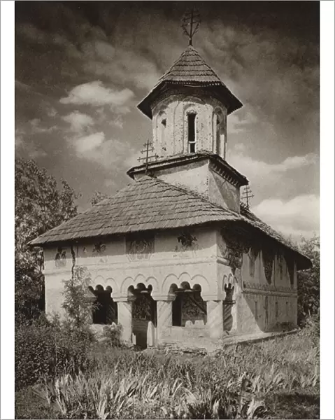 Romania: Curtisoara, Old Church (b  /  w photo)
