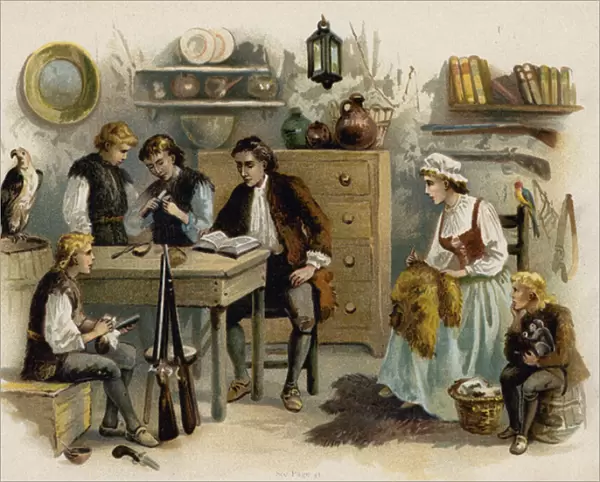 Scene from The Swiss Family Robinson: Father reading to the family in Rock Castle (chromolitho)