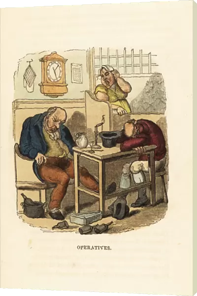 A barmaid in a tavern calls time on two sleeping drunks. 1831 (engraving)