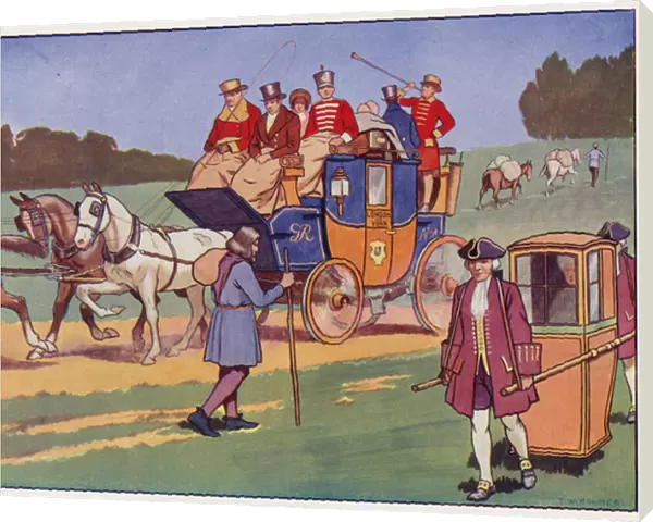 Coach-and-four, sedan chair, and pack-horses (colour litho)