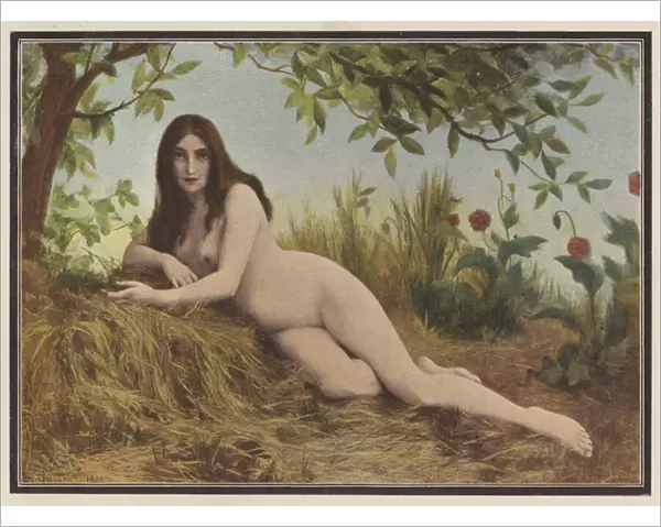 Summer, woman lying in the hay (colour litho)