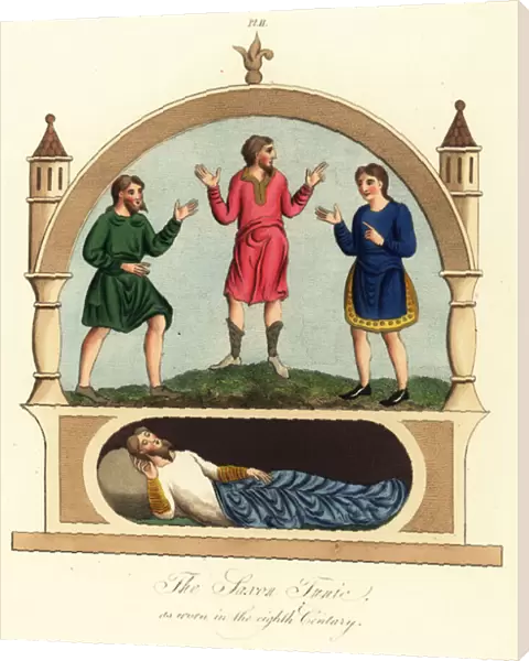 Saxon men in tunics and nightshirt, 1843 (engraving)
