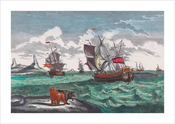 Whaling fleet off Greenland in the 18th century (engraving)