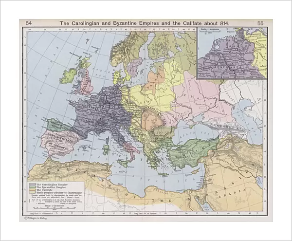 The Carolingian and Byzantine Empires and the Califate about 814 (colour litho)