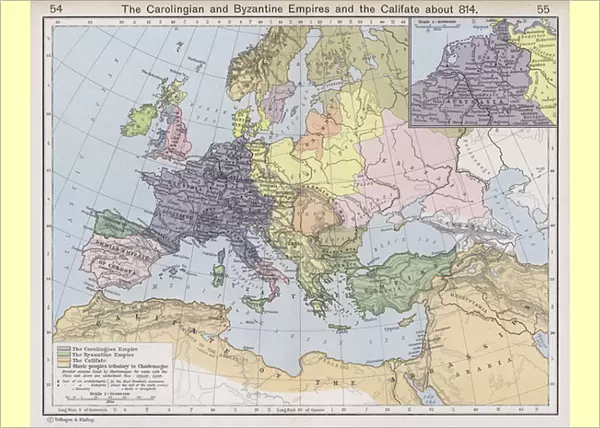 The Carolingian and Byzantine Empires and the Califate about 814 (colour litho)