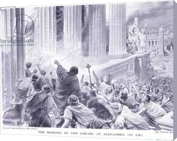 The burning of the library in Alexandria (391 AD), c. 1920 (litho)