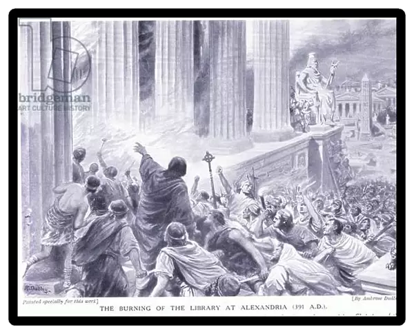 The burning of the library in Alexandria (391 AD), c. 1920 (litho)