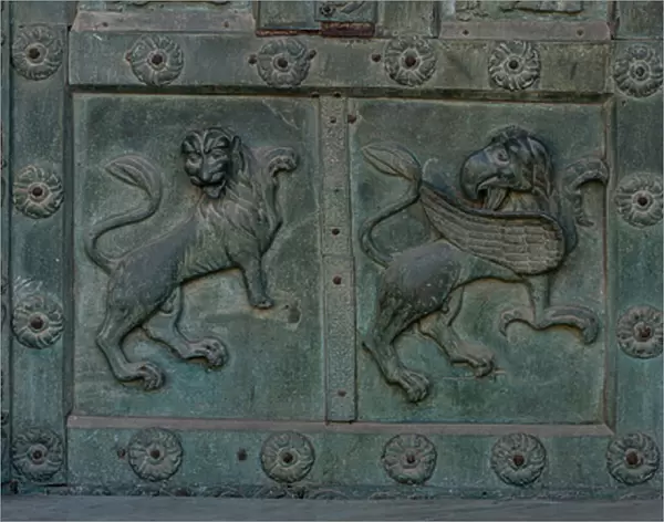 Tile depicting a grifo and a lion, 1185-86 (bronze)