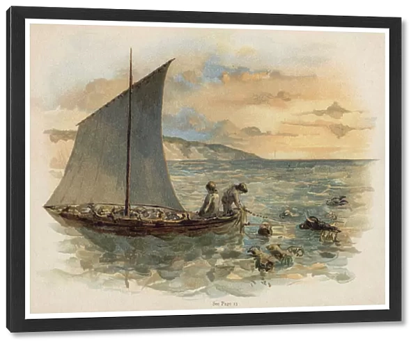 Scene from The Swiss Family Robinson: bringing the animals from the wreck (chromolitho)
