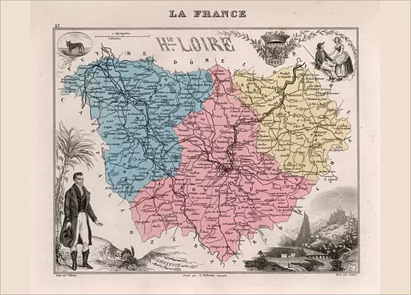 La Haute Loire (Haute-Loire, 43), Auvergne - France and its Colonies. Atlas illustrates one hundred and five maps from the maps of the depot of war, bridges and footwear and the Navy by M. VUILLEMIN. 1876