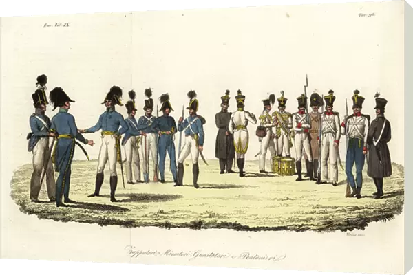 Sappers, miners and engineers in the Imperial Army, 19th century (handcoloured copperplate engraving)