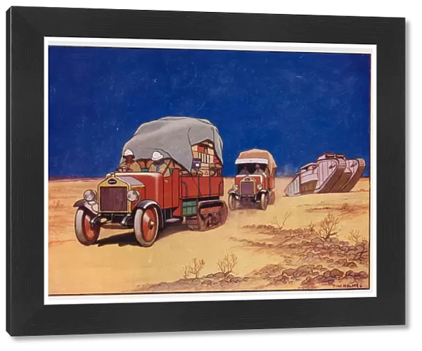 Motor lorries, fitted with caterpillar attachment in place of rear wheels, crossing a desert (colour litho)
