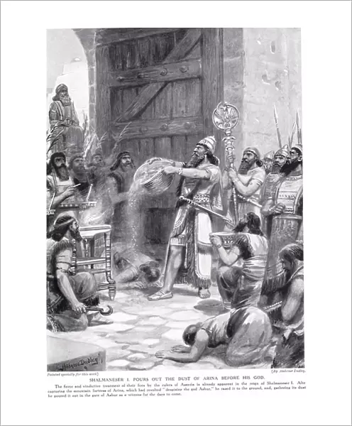 Shalmaneser I pours out the dust of Arina before his god Ashur, illustration from Hutchinsons History of the Nations (litho)