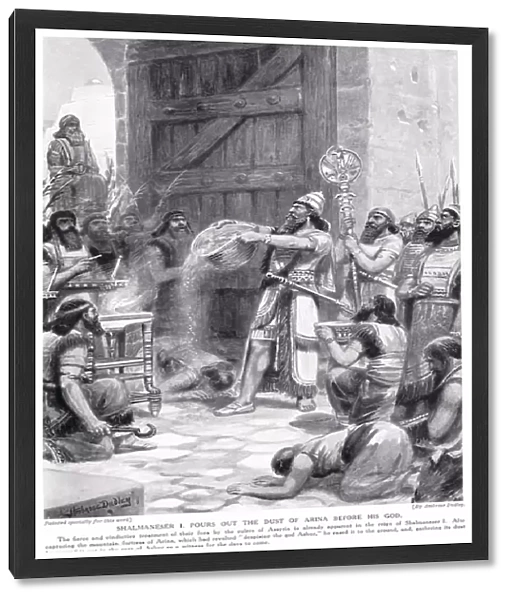 Shalmaneser I pours out the dust of Arina before his god Ashur, illustration from Hutchinsons History of the Nations (litho)