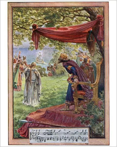 The Coming of the Unknown Knight, illustration from Wagners Lohengrin, published by George Routledge, 1901 (colour litho)